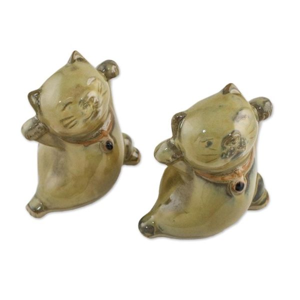 Alternate image for 2 Yellow Ceramic Lucky Cat Figurines Crafted in Thailand Playful Good Luck Cats