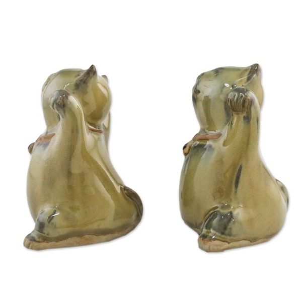 Alternate image for 2 Yellow Ceramic Lucky Cat Figurines Crafted in Thailand Playful Good Luck Cats