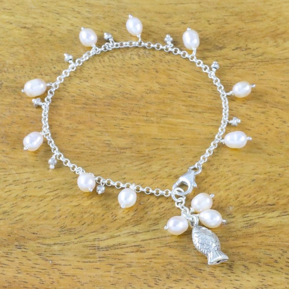 Fish Cultured Pearl Charm Bracelet in White from Thailand 'Gleaming Fish in White'