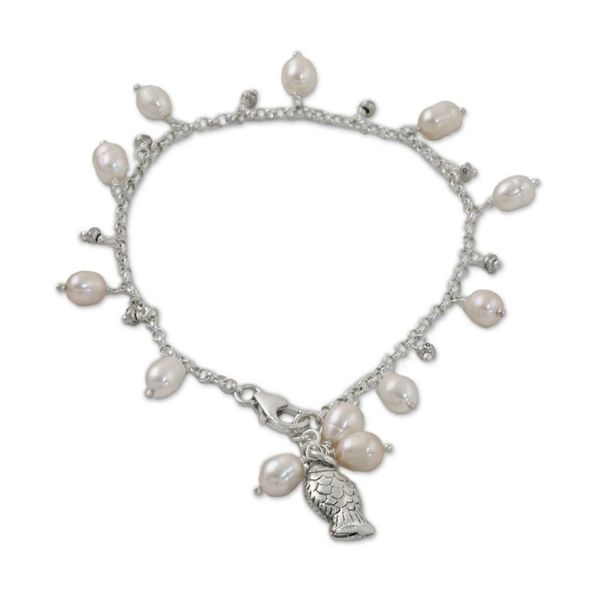 Alternate image for Fish Cultured Pearl Charm Bracelet in White from Thailand Gleaming Fish in White