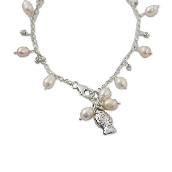 Alternate image for Fish Cultured Pearl Charm Bracelet in White from Thailand Gleaming Fish in White