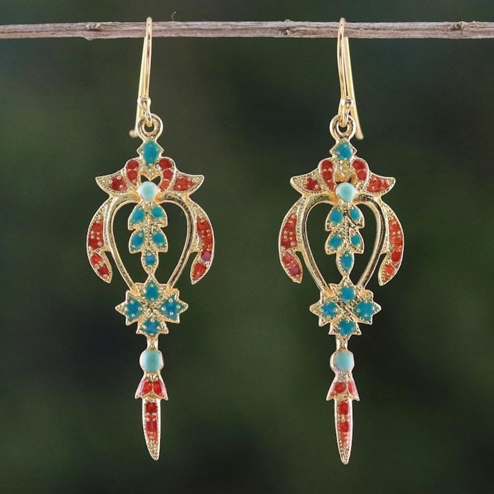 Gold Plated Brass Earrings in Green and Red from Thailand 'Proud Beauty in Red'