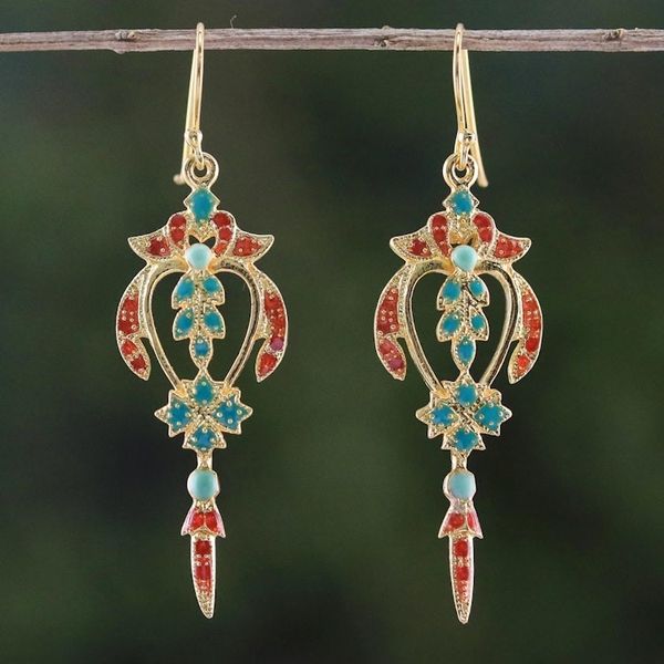 Alternate image for Gold Plated Brass Earrings in Green and Red from Thailand Proud Beauty in Red