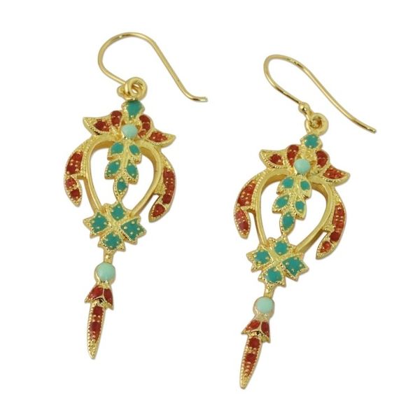 Alternate image for Gold Plated Brass Earrings in Green and Red from Thailand Proud Beauty in Red