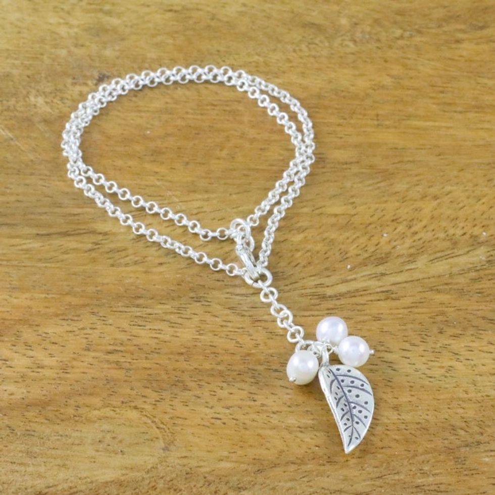 Cultured Pearl Leaf Charm Bracelet in White from Thailand 'Lively Leaf in White'