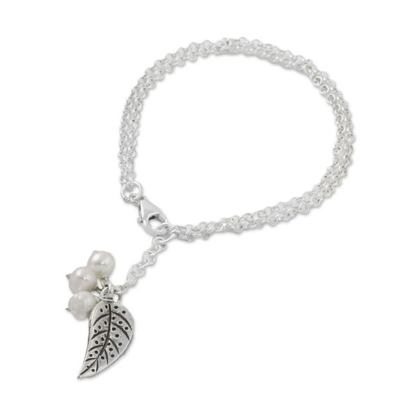 Alternate image for Cultured Pearl Leaf Charm Bracelet in White from Thailand Lively Leaf in White