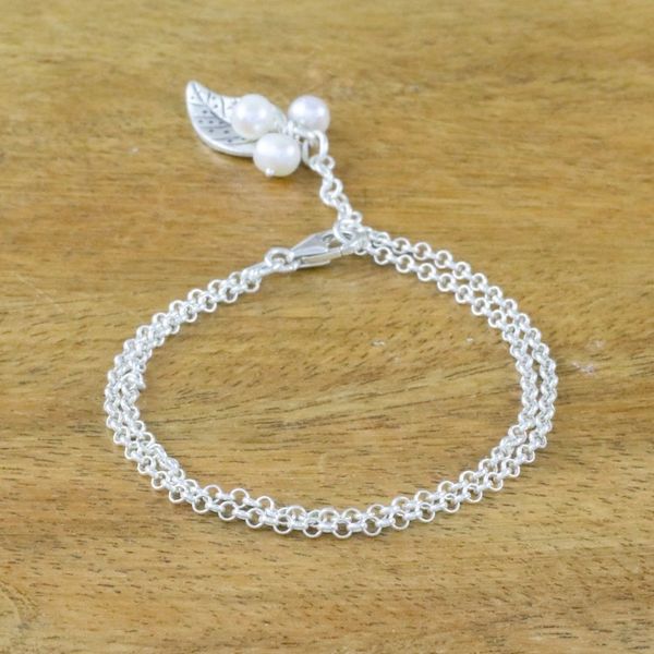 Alternate image for Cultured Pearl Leaf Charm Bracelet in White from Thailand Lively Leaf in White