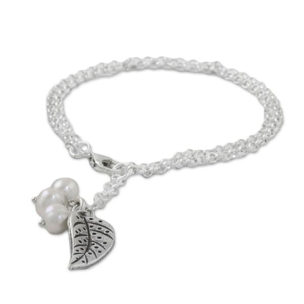 Alternate image for Cultured Pearl Leaf Charm Bracelet in White from Thailand Lively Leaf in White