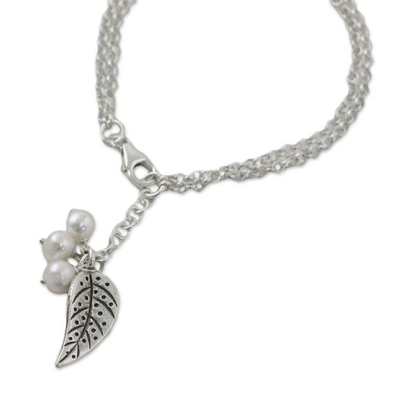 Alternate image for Cultured Pearl Leaf Charm Bracelet in White from Thailand Lively Leaf in White
