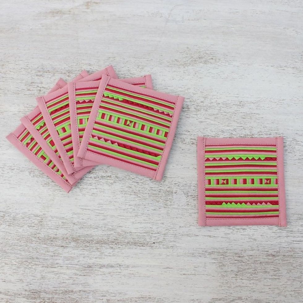 Lahu Style Cotton Blend Coasters in Pink Set of 6 'Lahu Pink'