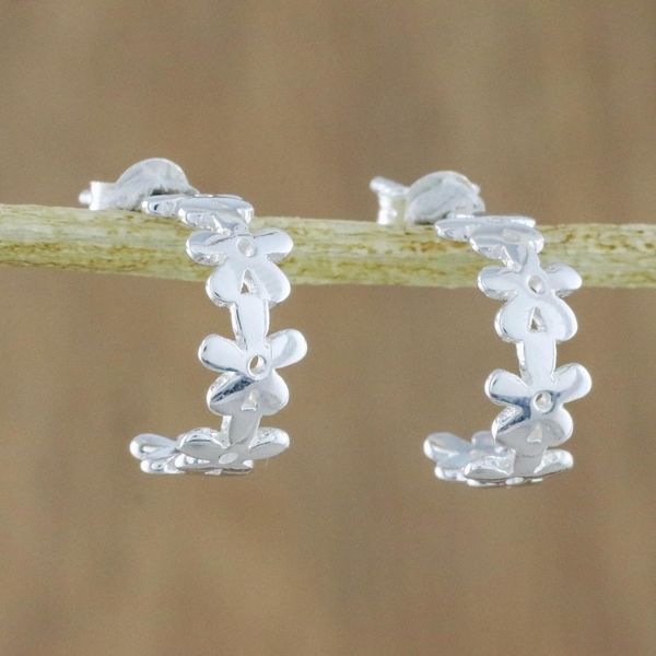 Alternate image for Handcrafted Sterling Silver Floral Half-Hoop Earrings Wondrous Blossoms