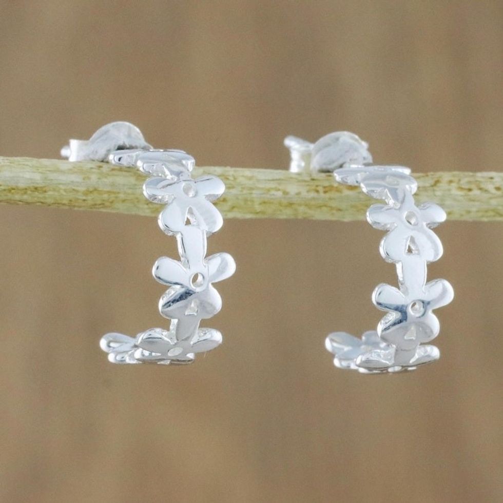 Handcrafted Sterling Silver Floral Half-Hoop Earrings 'Wondrous Blossoms'