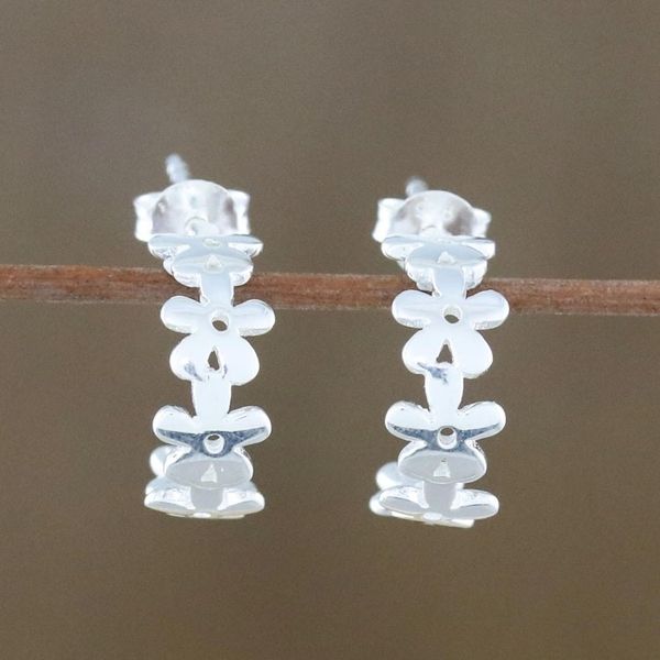 Alternate image for Handcrafted Sterling Silver Floral Half-Hoop Earrings Wondrous Blossoms