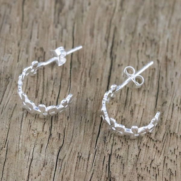 Alternate image for Handcrafted Sterling Silver Floral Half-Hoop Earrings Wondrous Blossoms