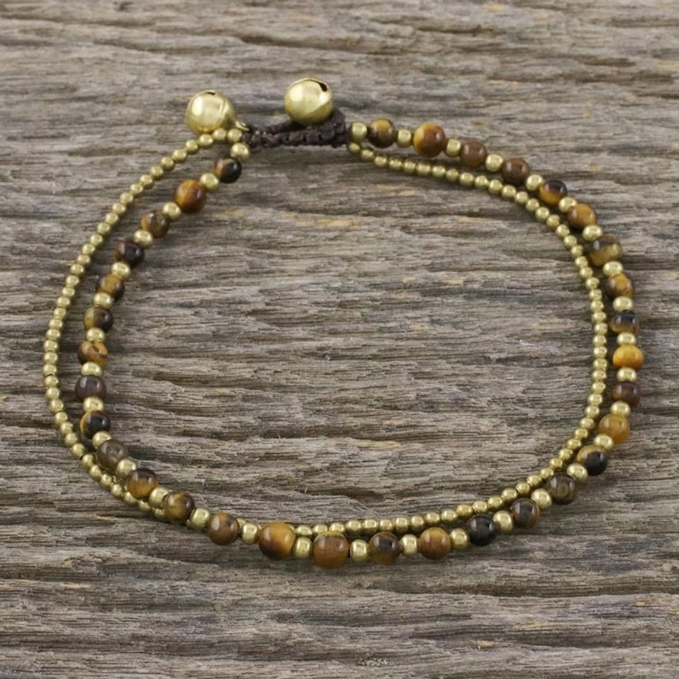 Tiger's Eye and Brass Beaded Anklet from Thailand 'Ringing Beauty'