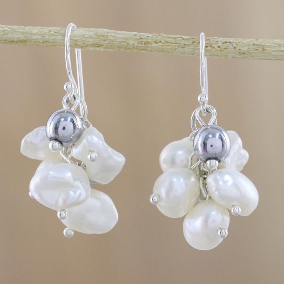 Handmade Hematite Cultured Freshwater Pearl Dangle Earrings 'Harmonious Pearl'