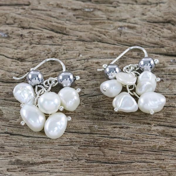 Alternate image for Handmade Hematite Cultured Freshwater Pearl Dangle Earrings Harmonious Pearl