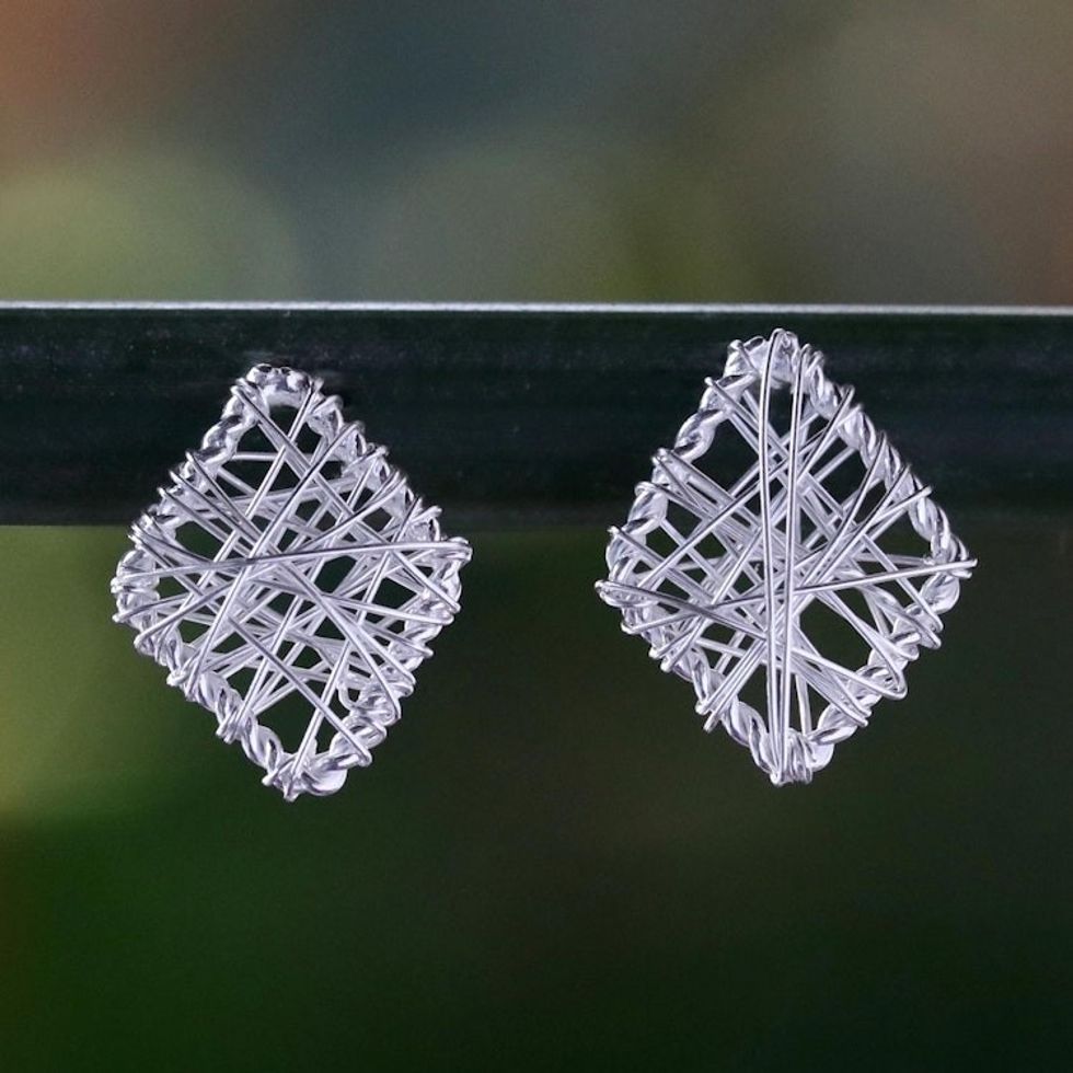 Wrapped Sterling Silver Stud Earrings Crafted in Thailand 'Rhombus Wrap'