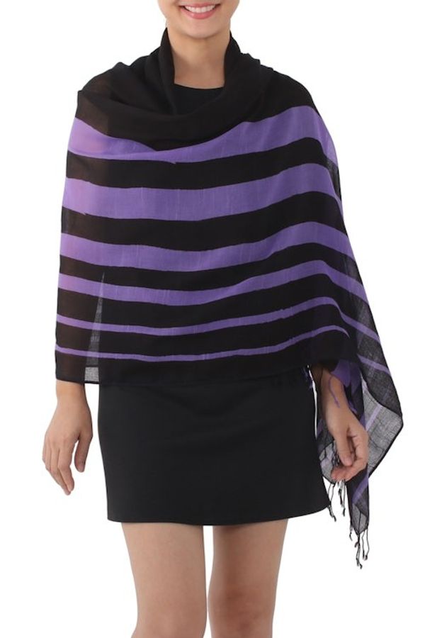 Alternate image for Handwoven Striped Cotton Shawl in Violet from Thailand Cool Stripes in Violet