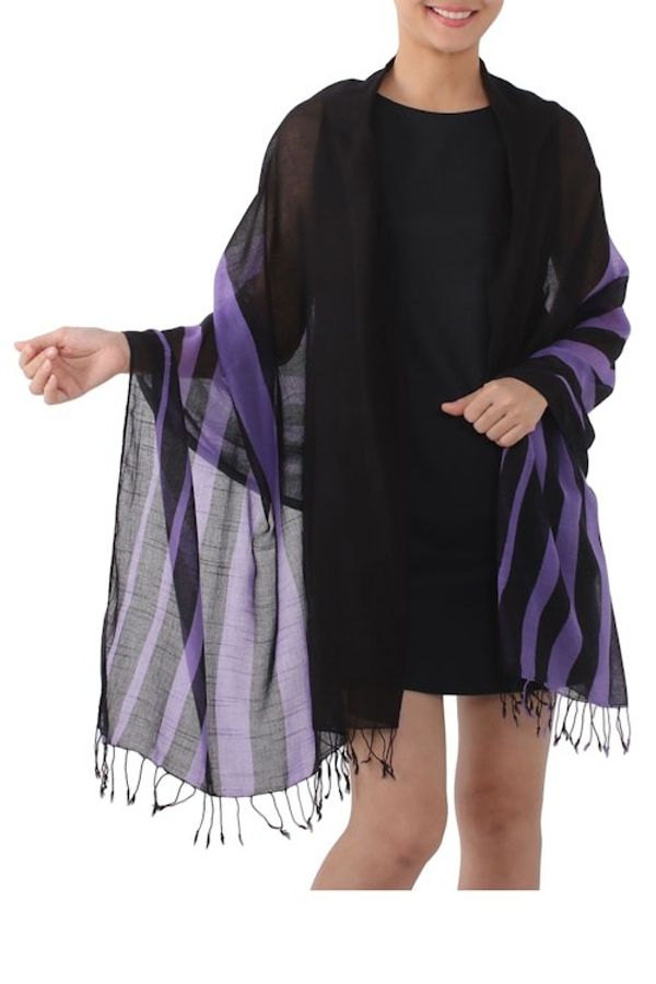 Alternate image for Handwoven Striped Cotton Shawl in Violet from Thailand Cool Stripes in Violet