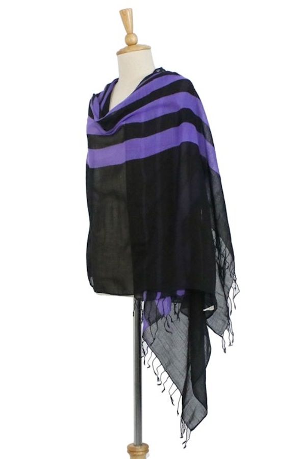 Alternate image for Handwoven Striped Cotton Shawl in Violet from Thailand Cool Stripes in Violet