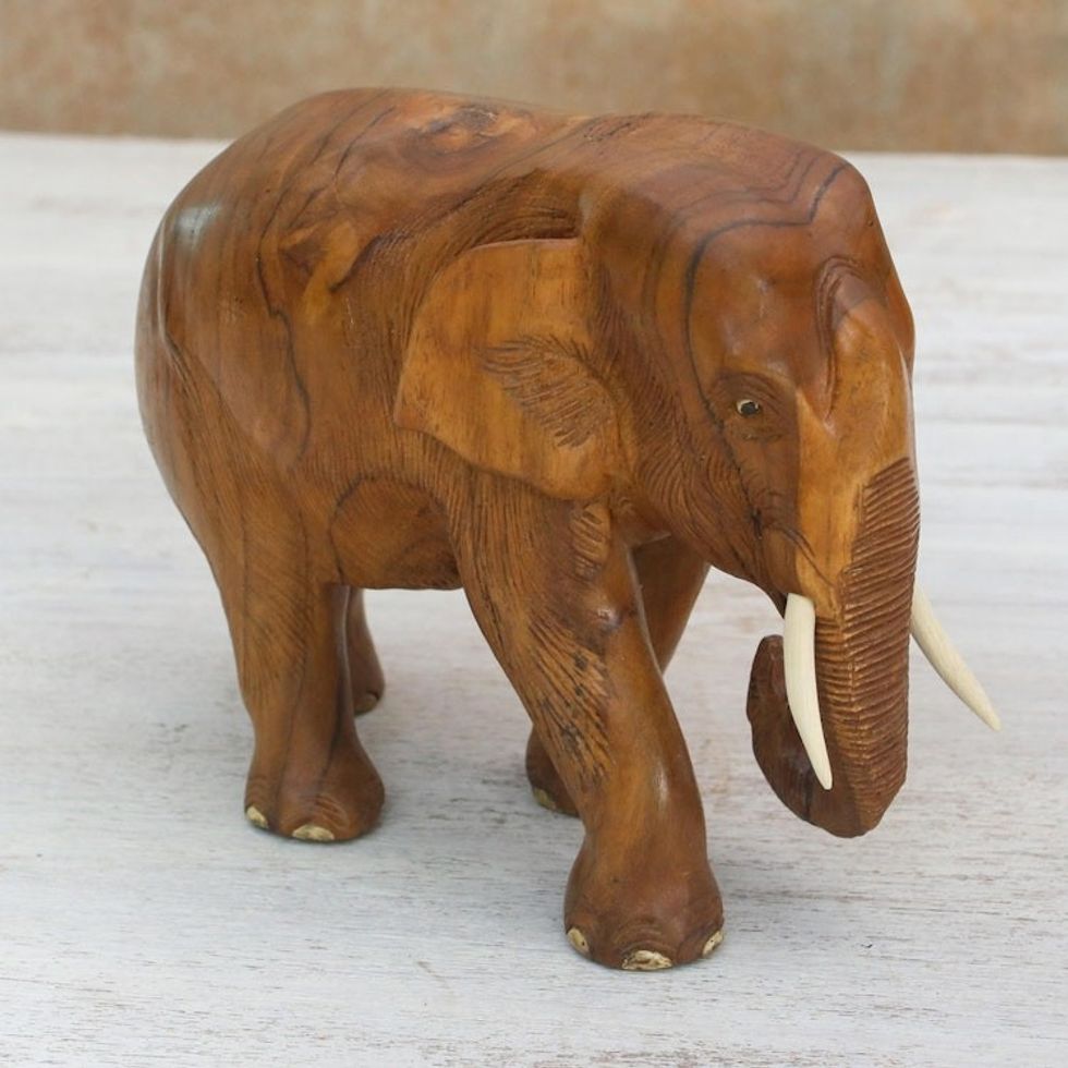 Teak Wood Sculpture of a Right-Facing Elephant from Thailand 'Go For a Walk'