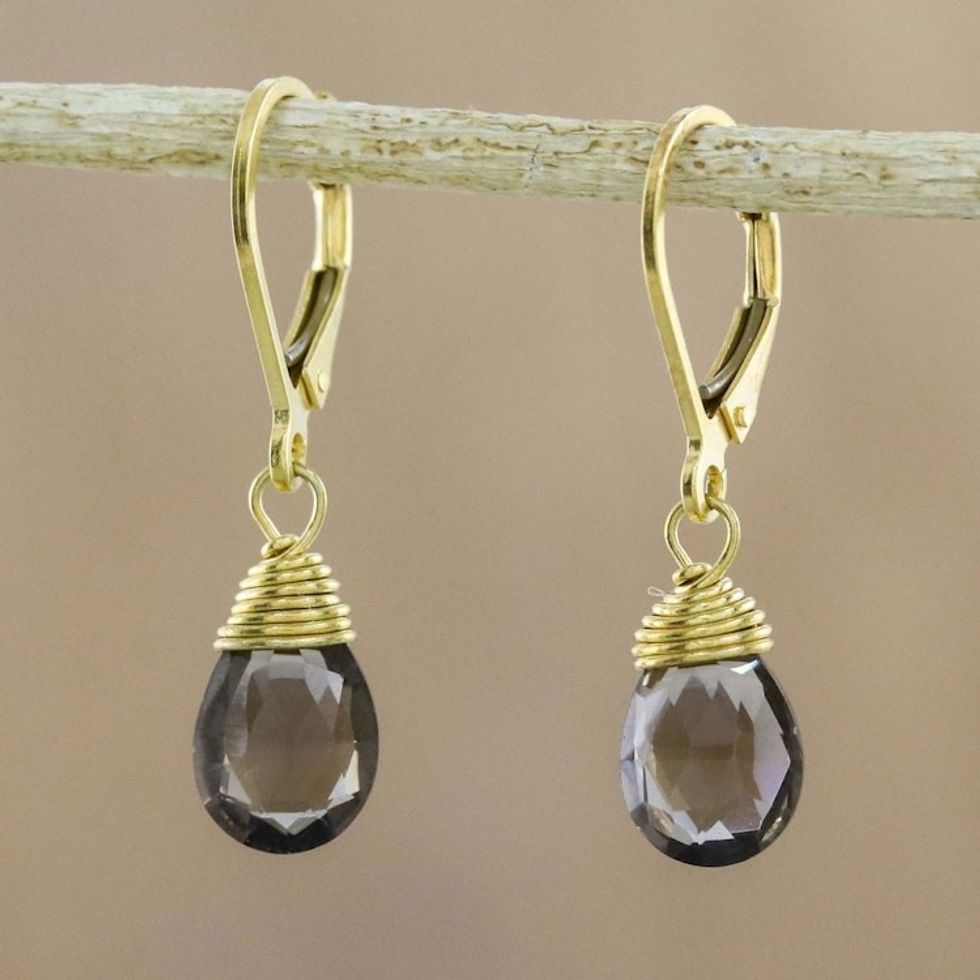 Handmade 18k Gold Plated Smoky Quartz Dangle Earrings 'Grand Treasure'