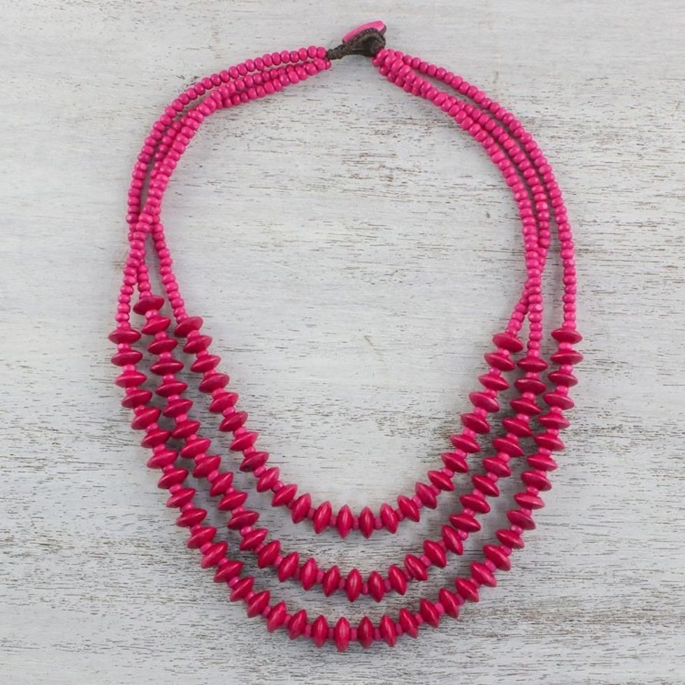 Red Wood Beaded Strand Necklace from Thailand 'Island Allure in Ruby'