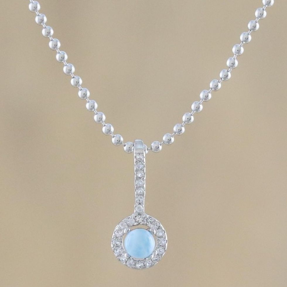 Circular Larimar and CZ Pendant Necklace from Thailand 'Gorgeous Blue'