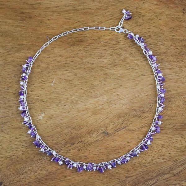 Alternate image for Amethyst and Cultured Pearl Beaded Necklace from Thailand Thai Magic