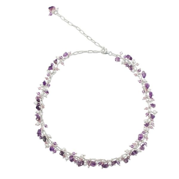 Alternate image for Amethyst and Cultured Pearl Beaded Necklace from Thailand Thai Magic