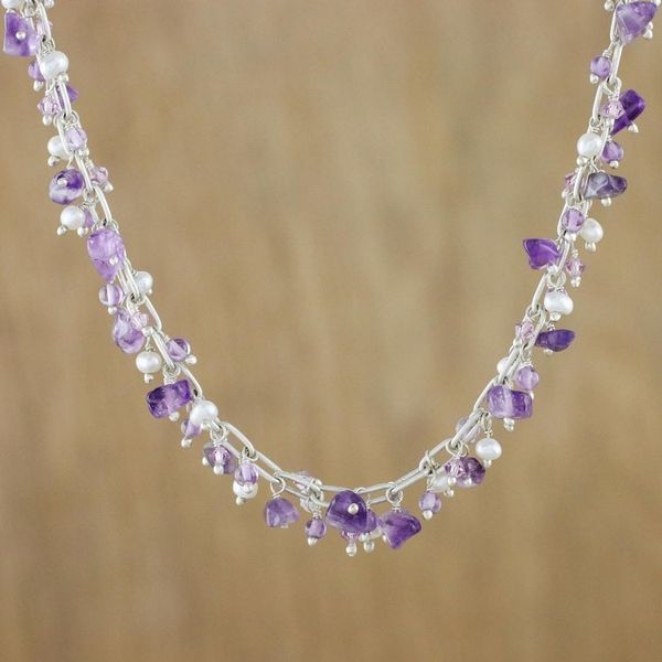Alternate image for Amethyst and Cultured Pearl Beaded Necklace from Thailand Thai Magic