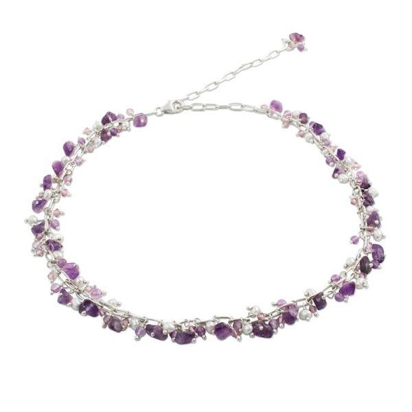 Alternate image for Amethyst and Cultured Pearl Beaded Necklace from Thailand Thai Magic
