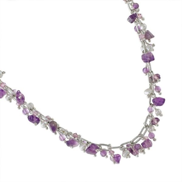 Alternate image for Amethyst and Cultured Pearl Beaded Necklace from Thailand Thai Magic