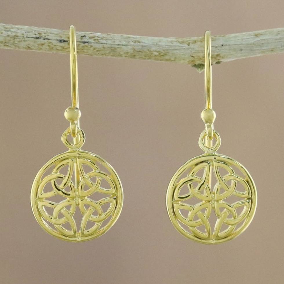 Gold Plated Sterling Silver Labyrinth Circle Dangle Earrings 'Interconnected in Gold'