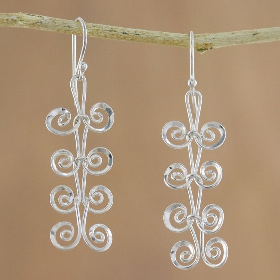 Sterling Silver Spiral Motif Dangle Earrings from Thailand 'Fern Spirals'
