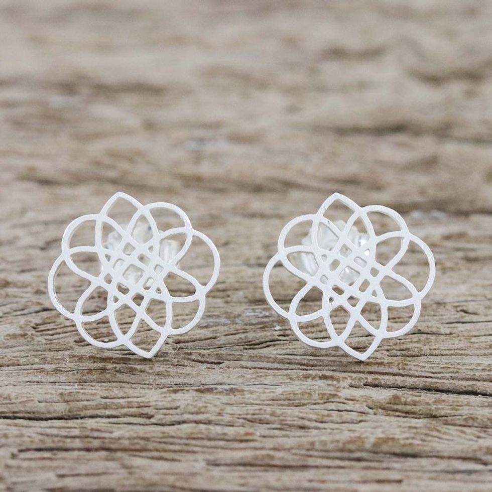 Handcrafted Sterling Silver Button Earrings from Thailand 'Stellar Intersections'