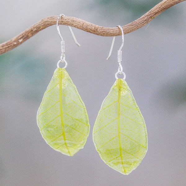 Alternate image for Natural Leaf Dangle Earrings in Sap Green from Thailand Stunning Nature in Sap Green