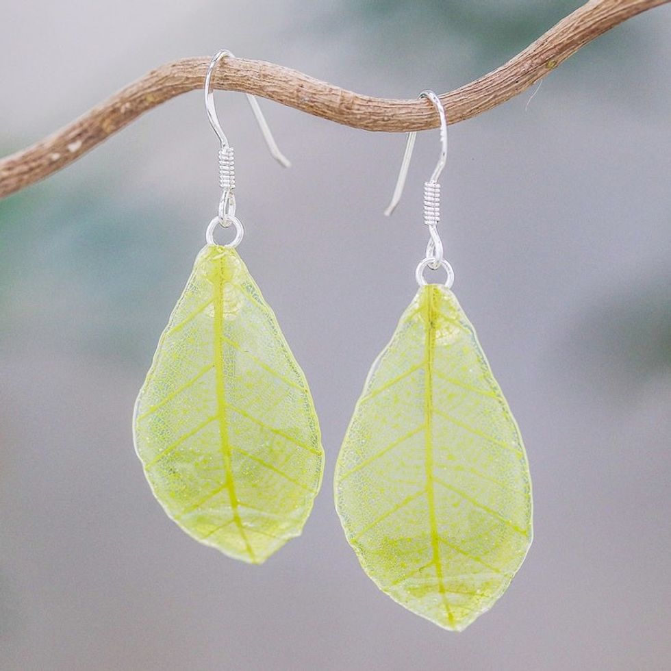 Natural Leaf Dangle Earrings in Sap Green from Thailand 'Stunning Nature in Sap Green'