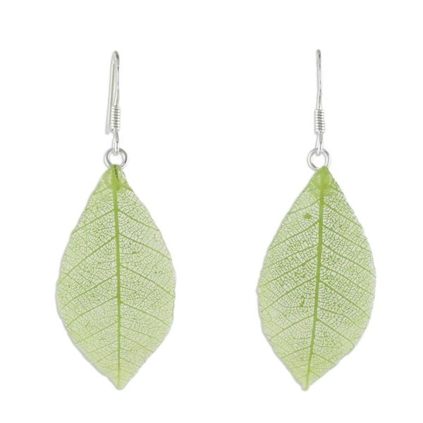 Alternate image for Natural Leaf Dangle Earrings in Sap Green from Thailand Stunning Nature in Sap Green