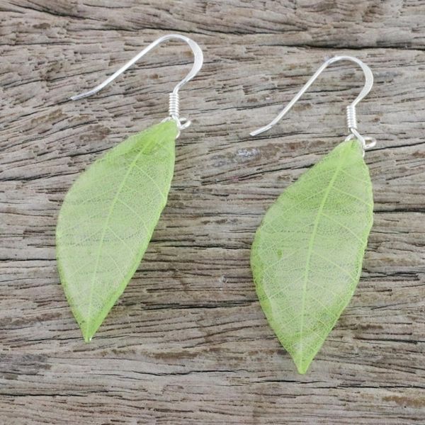 Alternate image for Natural Leaf Dangle Earrings in Sap Green from Thailand Stunning Nature in Sap Green