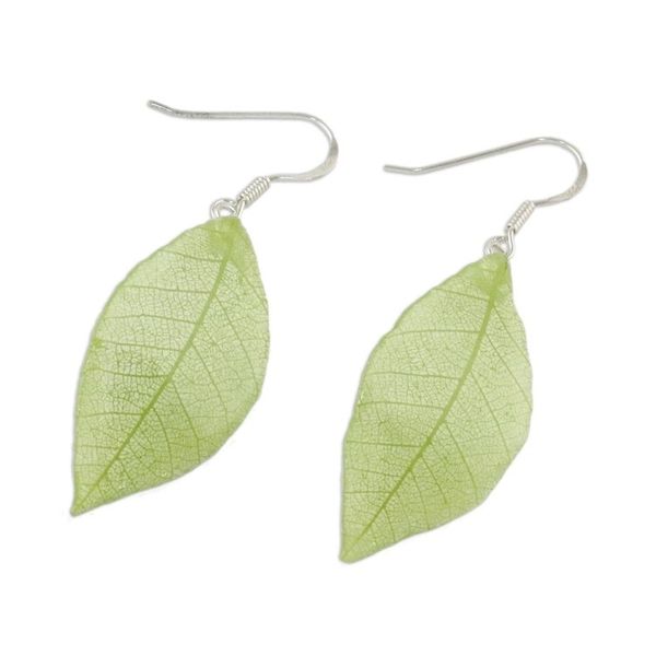 Alternate image for Natural Leaf Dangle Earrings in Sap Green from Thailand Stunning Nature in Sap Green