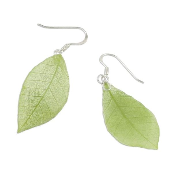 Alternate image for Natural Leaf Dangle Earrings in Sap Green from Thailand Stunning Nature in Sap Green