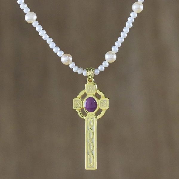 Alternate image for 22k Gold Plated Cultured Pearl Purple Cross Necklace Faithful Soul in Purple