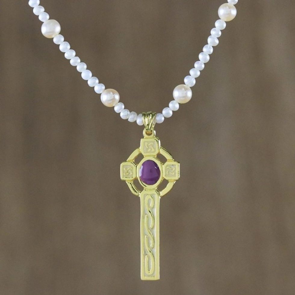 22k Gold Plated Cultured Pearl Purple Cross Necklace 'Faithful Soul in Purple'