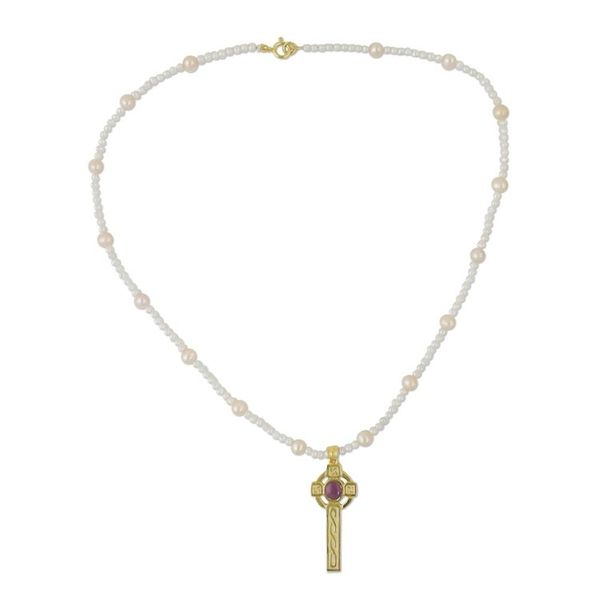Alternate image for 22k Gold Plated Cultured Pearl Purple Cross Necklace Faithful Soul in Purple