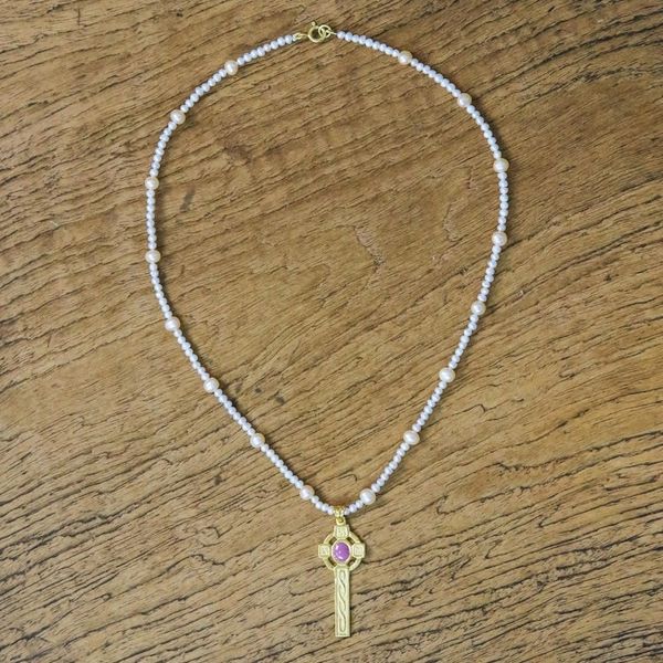 Alternate image for 22k Gold Plated Cultured Pearl Purple Cross Necklace Faithful Soul in Purple