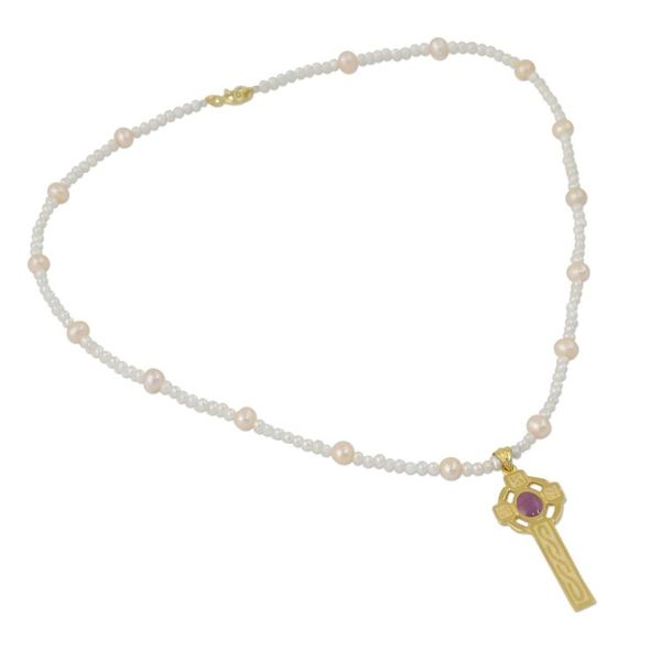 Alternate image for 22k Gold Plated Cultured Pearl Purple Cross Necklace Faithful Soul in Purple
