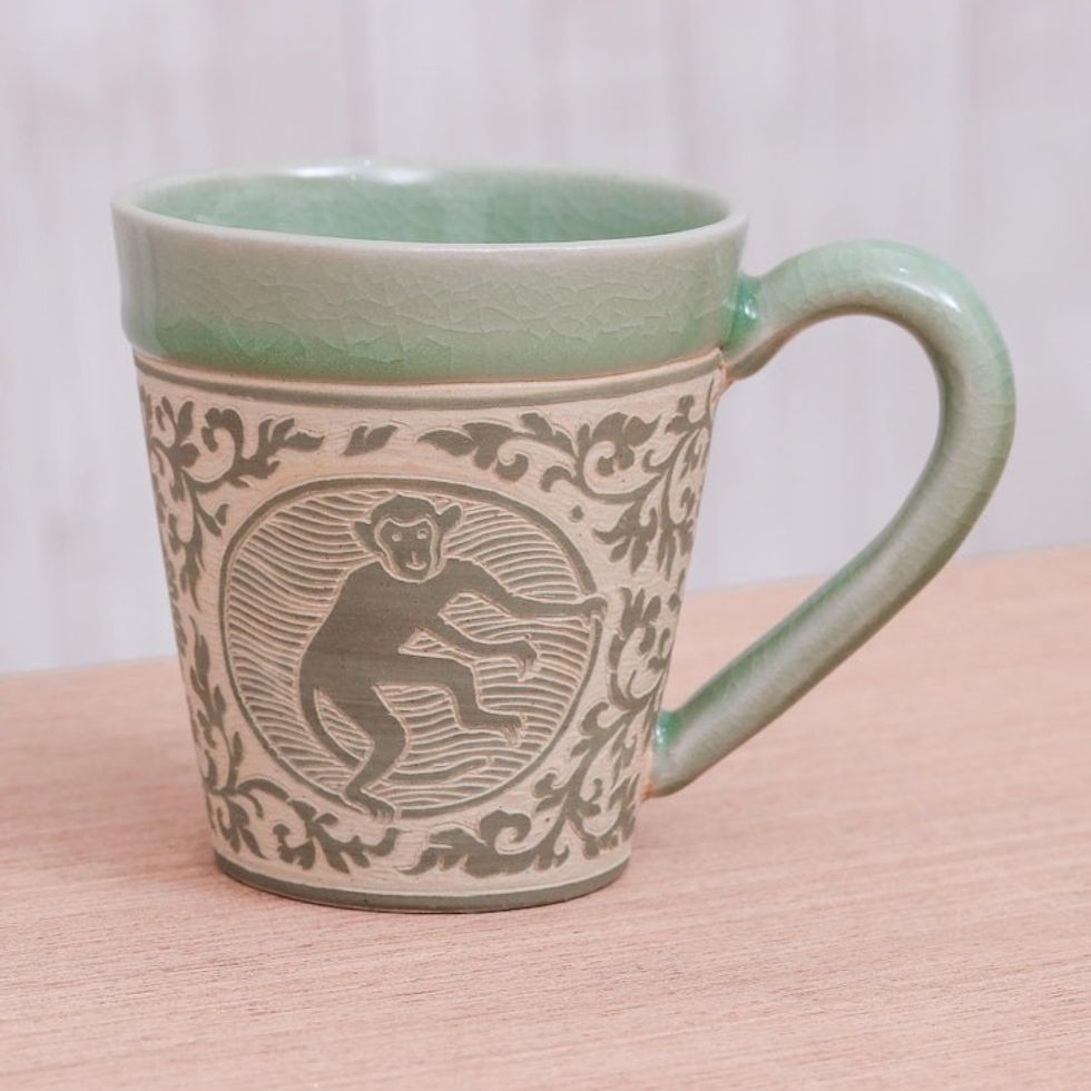 Celadon Glazed Ceramic Mug with Monkey from Thailand 'Thai Zodiac Monkey'