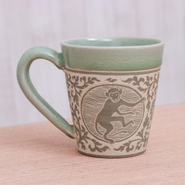 Alternate image for Celadon Glazed Ceramic Mug with Monkey from Thailand Thai Zodiac Monkey